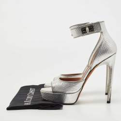 Givenchy Silver Lizard Embossed Leather Shark Lock Ankle Strap Sandals Size 38
