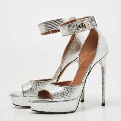Givenchy Silver Lizard Embossed Leather Shark Lock Ankle Strap Sandals Size 38