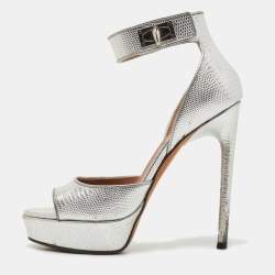 Givenchy Silver Lizard Embossed Leather Shark Lock Ankle Strap Sandals Size 38