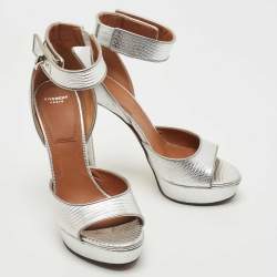 Givenchy Silver Lizard Embossed Leather Shark Lock Ankle Strap Sandals Size 38