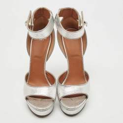 Givenchy Silver Lizard Embossed Leather Shark Lock Ankle Strap Sandals Size 38
