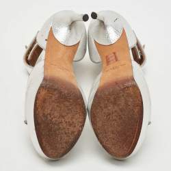 Givenchy Silver Lizard Embossed Leather Shark Lock Ankle Strap Sandals Size 38