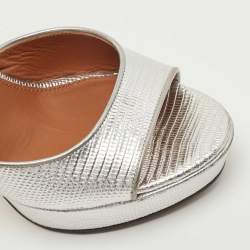 Givenchy Silver Lizard Embossed Leather Shark Lock Ankle Strap Sandals Size 38