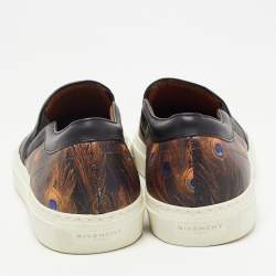 Pre Owned Givenchy Brown/Black Leather and Canvas Peacock Slip On Sneakers Size 37
