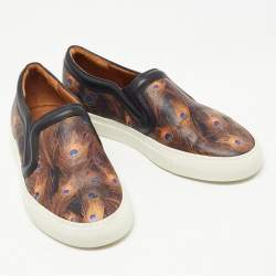 Pre Owned Givenchy Brown/Black Leather and Canvas Peacock Slip On Sneakers Size 37