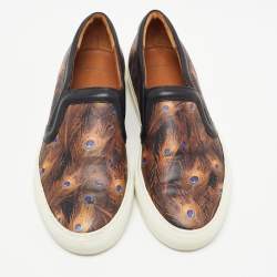 Pre Owned Givenchy Brown/Black Leather and Canvas Peacock Slip On Sneakers Size 37