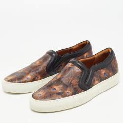 Pre Owned Givenchy Brown/Black Leather and Canvas Peacock Slip On Sneakers Size 37