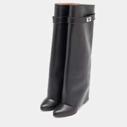 Pre Owned Givenchy Black Leather Shark Lock Knee Length Boots Size 39