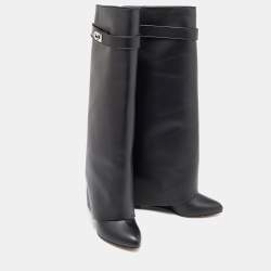 Pre Owned Givenchy Black Leather Shark Lock Knee Length Boots Size 39