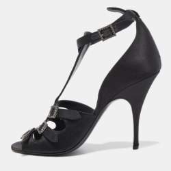 Givenchy Black Satin Crystal Buckle Embellished T Strap Open Toe Sandals Size 38
