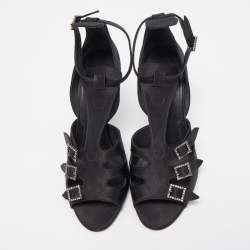 Givenchy Black Satin Crystal Buckle Embellished T Strap Open Toe Sandals Size 38