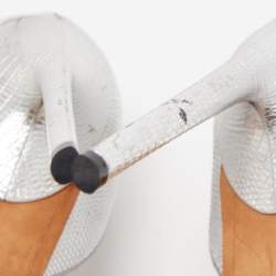 Pre Owned Givenchy Silver Lizard Embossed Leather Shark Lock Ankle Strap Platform Sandals Size 39