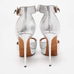 Pre Owned Givenchy Silver Lizard Embossed Leather Shark Lock Ankle Strap Platform Sandals Size 39