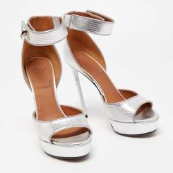 Pre Owned Givenchy Silver Lizard Embossed Leather Shark Lock Ankle Strap Platform Sandals Size 39