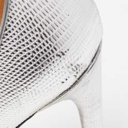 Pre Owned Givenchy Silver Lizard Embossed Leather Shark Lock Ankle Strap Platform Sandals Size 39