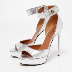 Pre Owned Givenchy Silver Lizard Embossed Leather Shark Lock Ankle Strap Platform Sandals Size 39