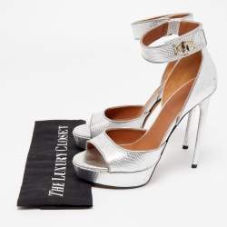 Pre Owned Givenchy Silver Lizard Embossed Leather Shark Lock Ankle Strap Platform Sandals Size 39