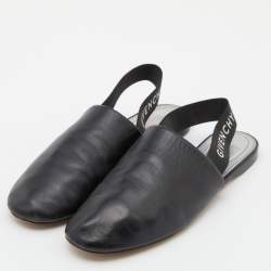 مملوكة مسبقًا Givenchy Black Leather Rivington Logo Slingback Flat Mules Size 38