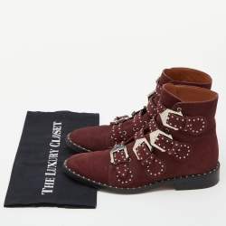 Givenchy Burgundy Suede Buckle Detail Boots Size 38.5