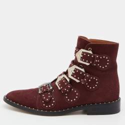 Givenchy Burgundy Suede Buckle Detail Boots Size 38.5