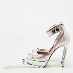 Givenchy Silver Lizard Embossed Leather Shark Lock Ankle Strap Sandals Size 40