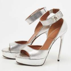 Givenchy Silver Lizard Embossed Leather Shark Lock Ankle Strap Sandals Size 40