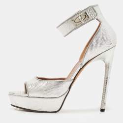 Givenchy Silver Lizard Embossed Leather Shark Lock Ankle Strap Sandals Size 40