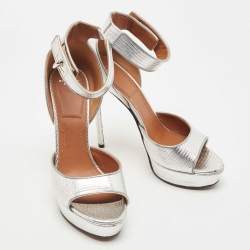 Givenchy Silver Lizard Embossed Leather Shark Lock Ankle Strap Sandals Size 40