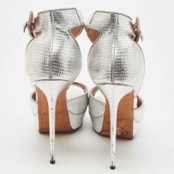 Givenchy Silver Lizard Embossed Leather Shark Lock Ankle Strap Sandals Size 40