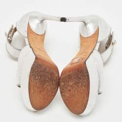 Givenchy Silver Lizard Embossed Leather Shark Lock Ankle Strap Sandals Size 40