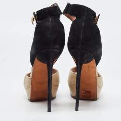 Givenchy Beige/Black Leather and Suede Shark Lock Ankle Strap Sandals Size 40