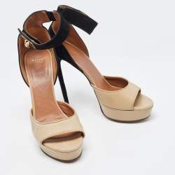 Givenchy Beige/Black Leather and Suede Shark Lock Ankle Strap Sandals Size 40