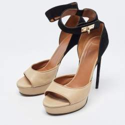 Givenchy Beige/Black Leather and Suede Shark Lock Ankle Strap Sandals Size 40