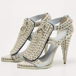 Pre Owned Givenchy Blue Leather Studded Ankle Strap Sandals Size 38