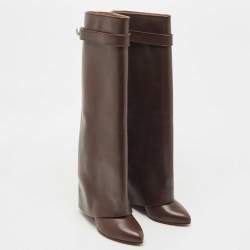 Pre Owned Givenchy Brown Leather Shark Lock Wedge Knee High Boots Size 39.5