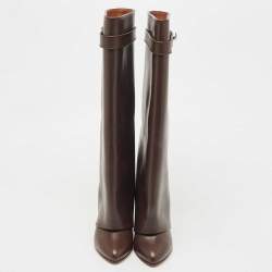 Pre Owned Givenchy Brown Leather Shark Lock Wedge Knee High Boots Size 39.5