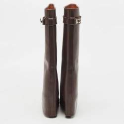 Pre Owned Givenchy Brown Leather Shark Lock Wedge Knee High Boots Size 39.5