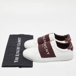 Pre Owned Givenchy White/Burgundy Leather and Logo Stretch Band Urban Street Slip On Sneakers Size 38