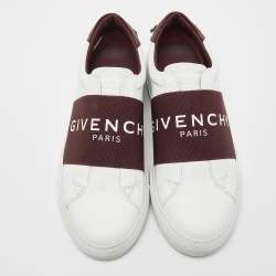 Pre Owned Givenchy White/Burgundy Leather and Logo Stretch Band Urban Street Slip On Sneakers Size 38