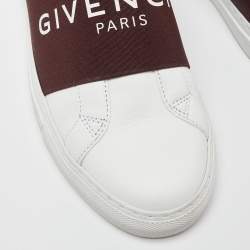 Pre Owned Givenchy White/Burgundy Leather and Logo Stretch Band Urban Street Slip On Sneakers Size 38