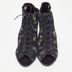 Pre Owned Givenchy Black Lace Open Toe Lace Up Ankle Booties Size 39.5