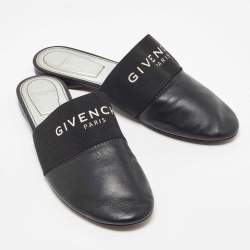 Givenchy Black Leather and Elastic Bedford Logo Mules Size 37.5
