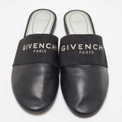 Givenchy Black Leather and Elastic Bedford Logo Mules Size 37.5