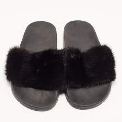 Givenchy Black Mink Fur Pool Slide Sandals Size 39