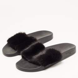 Givenchy Black Mink Fur Pool Slide Sandals Size 39