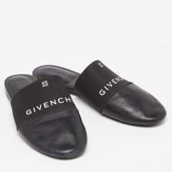 Pre Owned Givenchy Black Leather and Elastic Logo Flat Mules Size 36