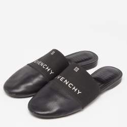 Pre Owned Givenchy Black Leather and Elastic Logo Flat Mules Size 36