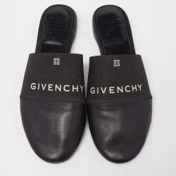 Pre Owned Givenchy Black Leather and Elastic Logo Flat Mules Size 36