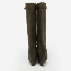 Pre Owned Givenchy Olive Green Leather Shark Lock Knee Length Boots Size 35