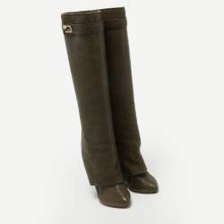 Pre Owned Givenchy Olive Green Leather Shark Lock Knee Length Boots Size 35